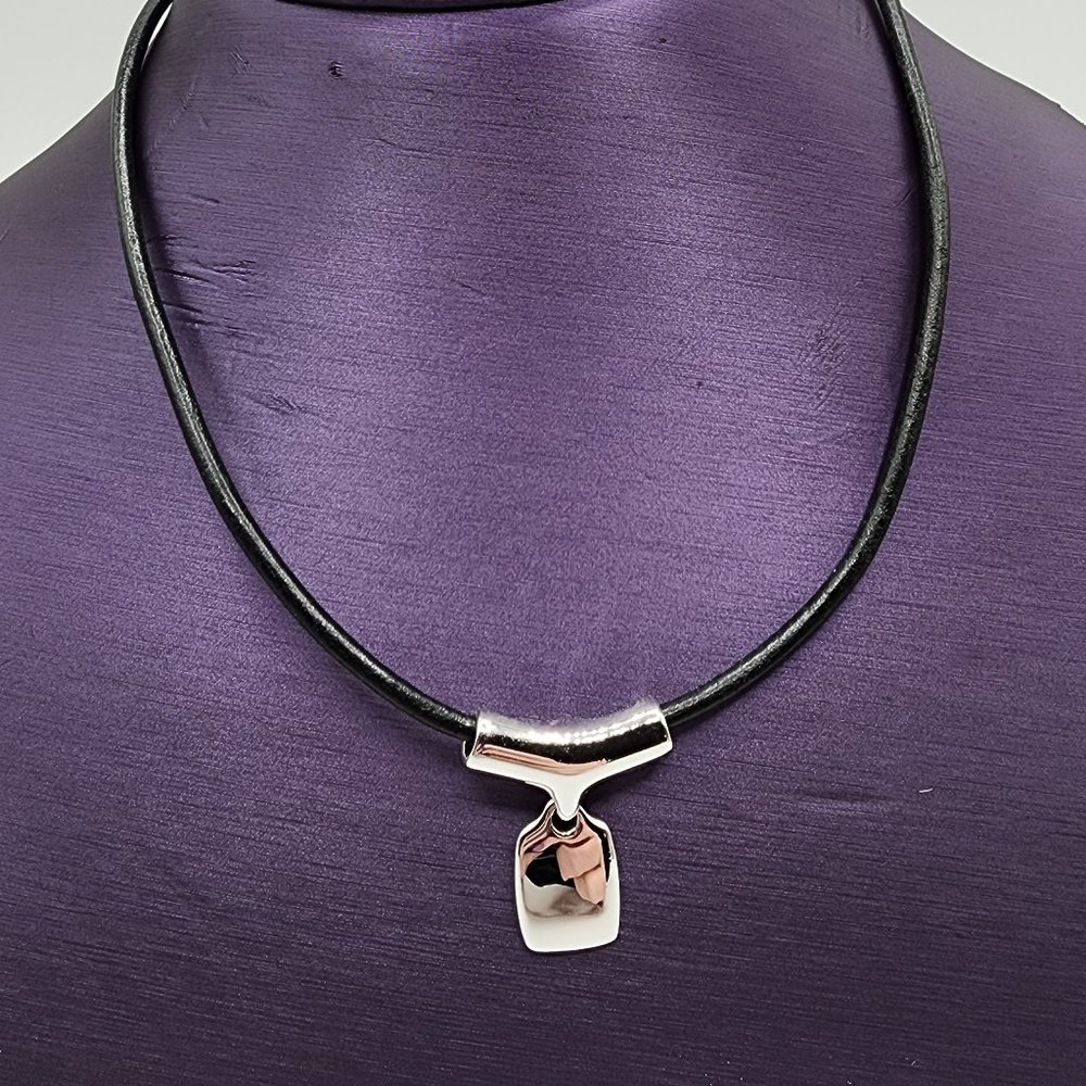 Retired LIA SOPHIA “Anew" Silver Tone Slide Pendant Black Cord Signed Necklace